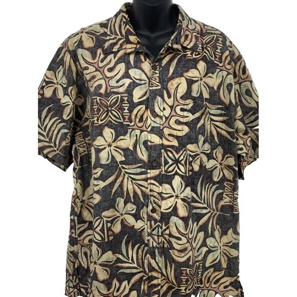 Bishop St Mens Aloha Button Up Short Sleeve Shirt XL Black Brown Floral Hawaii - Picture 2 of 7